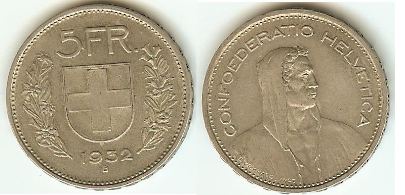 Swiss 5 Francs 1932B AU+